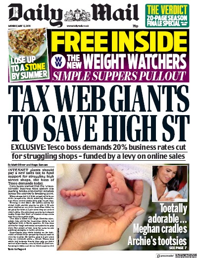 Daily Mail Newspaper Front Page (UK) for 13 May 2019