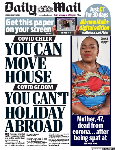 Daily Mail Newspaper Front Page (UK) for 13 May 2020