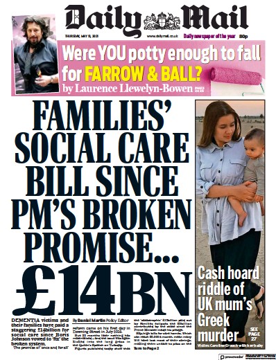 Daily Mail Newspaper Front Page (UK) for 13 May 2021