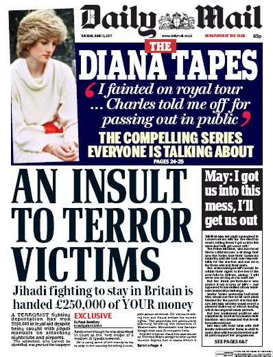 Daily Mail Newspaper Front Page (UK) for 13 June 2017
