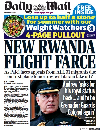 Daily Mail Newspaper Front Page (UK) for 13 June 2022