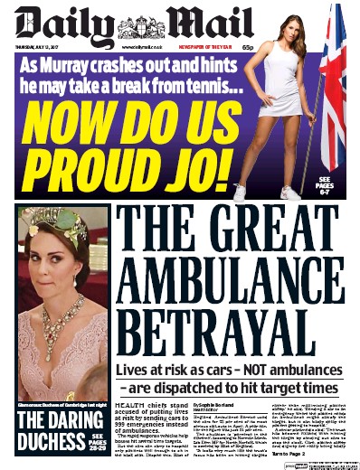 Daily Mail Newspaper Front Page (UK) for 13 July 2017