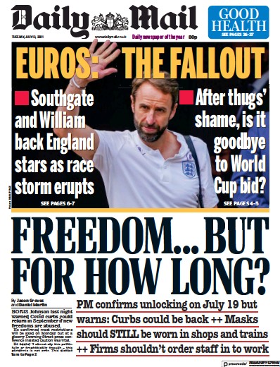 Daily Mail Newspaper Front Page (UK) for 13 July 2021