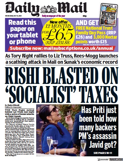 Daily Mail Newspaper Front Page (UK) for 13 July 2022