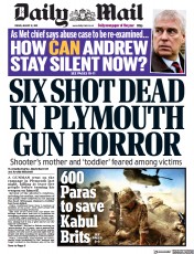 Daily Mail (UK) Newspaper Front Page for 13 August 2021