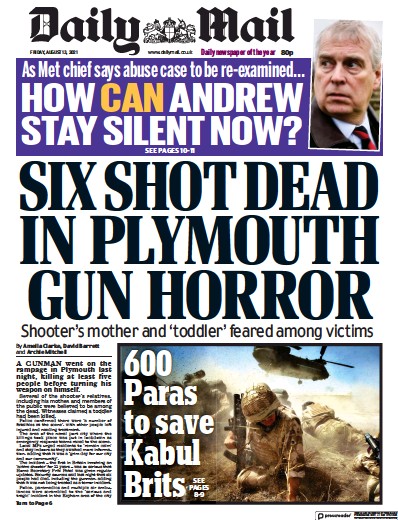 Daily Mail Newspaper Front Page (UK) for 13 August 2021