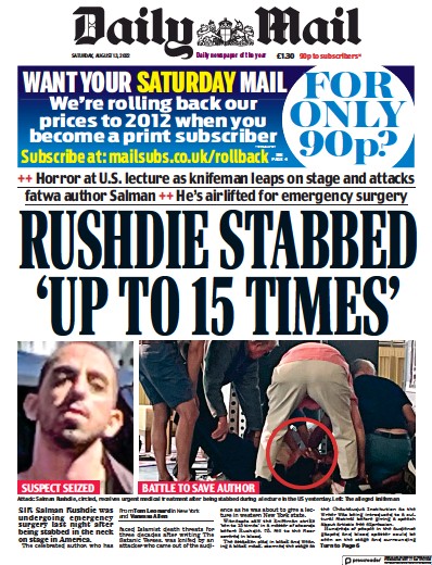 Daily Mail Newspaper Front Page (UK) for 13 August 2022