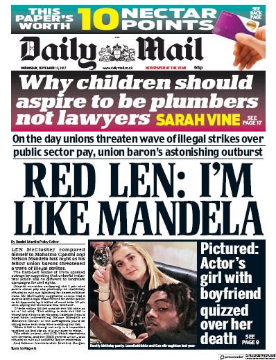 Daily Mail Newspaper Front Page (UK) for 13 September 2017