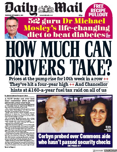 Daily Mail Newspaper Front Page (UK) for 13 September 2018