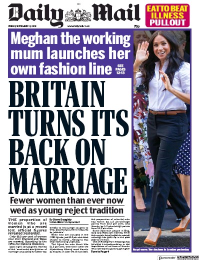 Daily Mail Newspaper Front Page (UK) for 13 September 2019