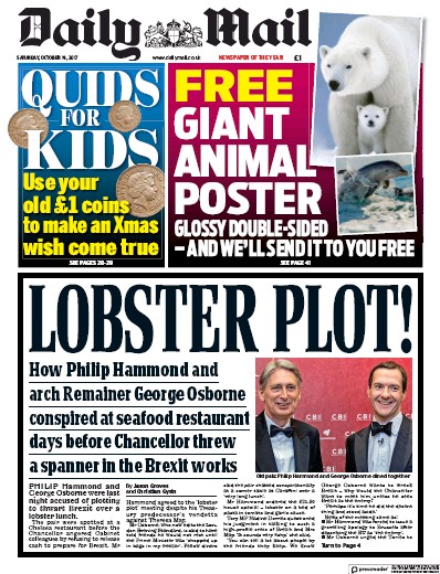 Daily Mail Newspaper Front Page (UK) for 14 October 2017