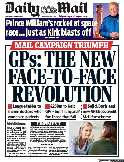 Daily Mail Newspaper Front Page (UK) for 14 October 2021