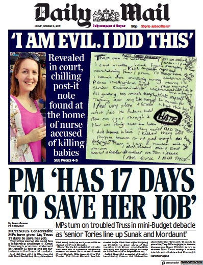 Daily Mail Newspaper Front Page (UK) for 14 October 2022