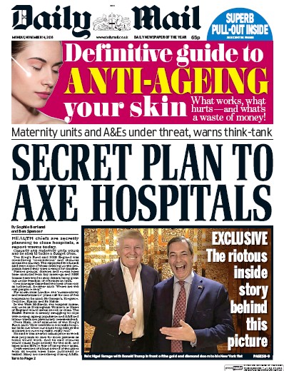 Daily Mail Newspaper Front Page (UK) for 14 November 2016