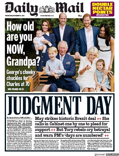 Daily Mail Newspaper Front Page (UK) for 14 November 2018