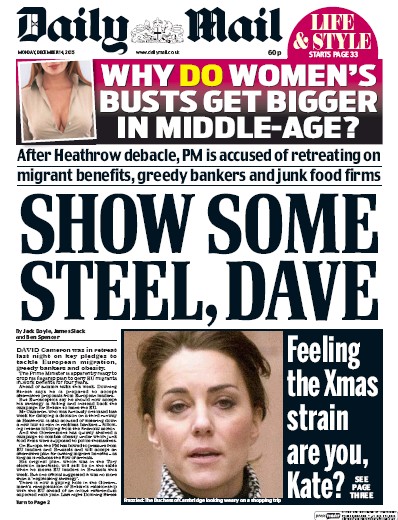 Daily Mail Newspaper Front Page (UK) for 14 December 2015