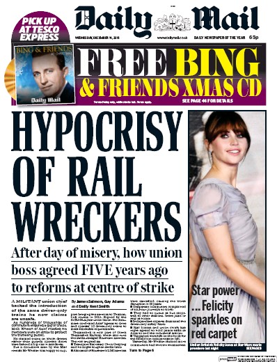 Daily Mail Newspaper Front Page (UK) for 14 December 2016