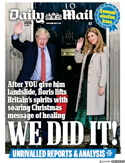 Daily Mail Newspaper Front Page (UK) for 14 December 2019