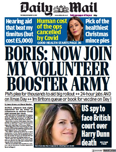 Daily Mail Newspaper Front Page (UK) for 14 December 2021