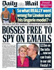 Daily Mail (UK) Newspaper Front Page for 14 January 2016