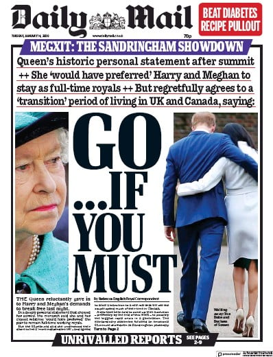 Daily Mail Newspaper Front Page (UK) for 14 January 2020