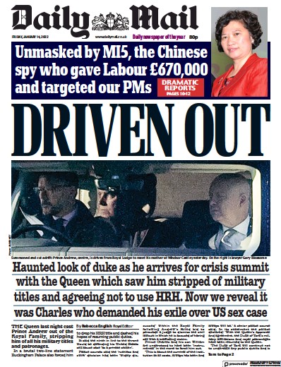 Daily Mail Newspaper Front Page (UK) for 14 January 2022