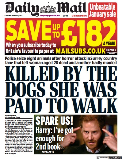 Daily Mail Newspaper Front Page (UK) for 14 January 2023