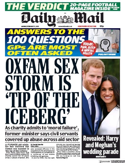 Daily Mail Newspaper Front Page (UK) for 14 February 2018