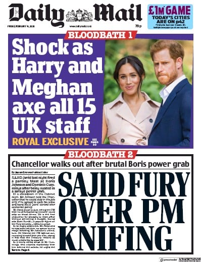Daily Mail Newspaper Front Page (UK) for 14 February 2020
