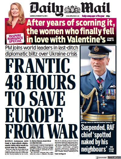 Daily Mail Newspaper Front Page (UK) for 14 February 2022