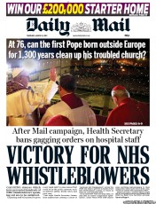 Daily Mail (UK) Newspaper Front Page for 14 March 2013
