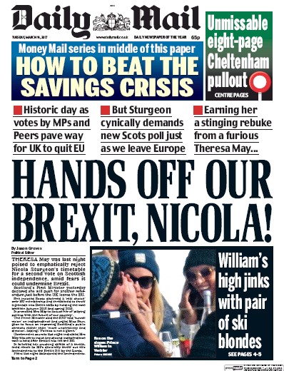 Daily Mail Newspaper Front Page (UK) for 14 March 2017