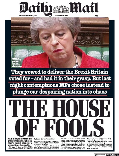 Daily Mail Newspaper Front Page (UK) for 14 March 2019