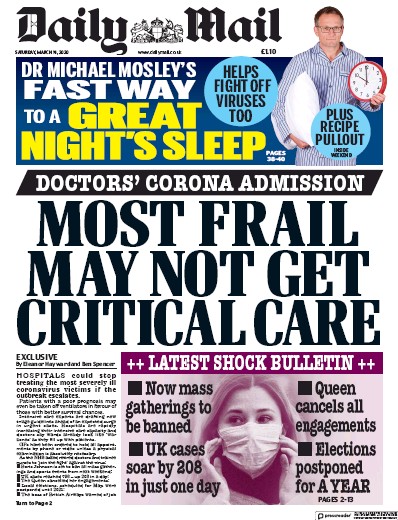Daily Mail Newspaper Front Page (UK) for 14 March 2020