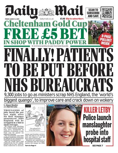 Daily Mail Newspaper Front Page (UK) for 14 March 2025