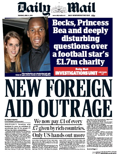 Daily Mail Newspaper Front Page (UK) for 14 April 2016