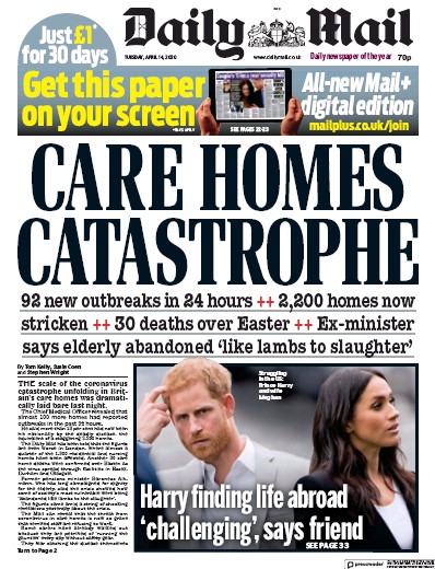 Daily Mail Newspaper Front Page (UK) for 14 April 2020