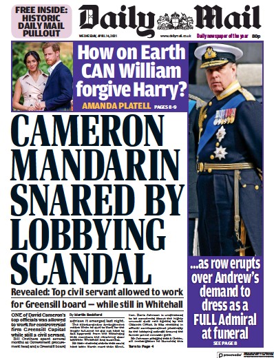 Daily Mail Newspaper Front Page (UK) for 14 April 2021