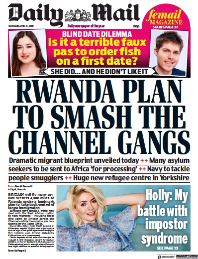 Daily Mail Newspaper Front Page (UK) for 14 April 2022