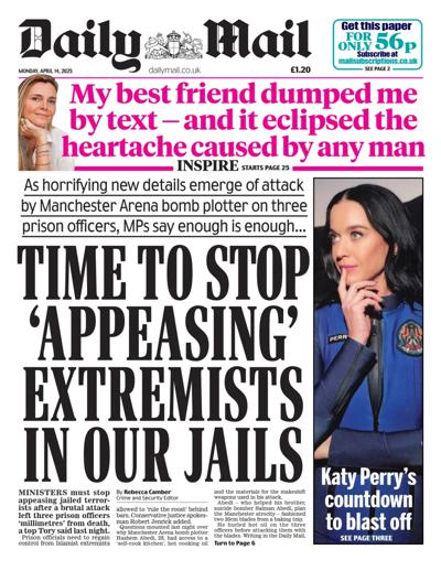 Daily Mail Newspaper Front Page (UK) for 14 April 2025