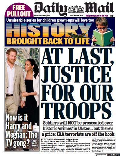 Daily Mail Newspaper Front Page (UK) for 14 July 2021