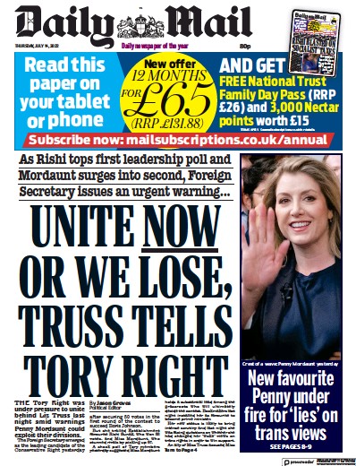 Daily Mail Newspaper Front Page (UK) for 14 July 2022