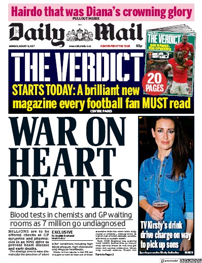 Daily Mail Newspaper Front Page (UK) for 14 August 2017