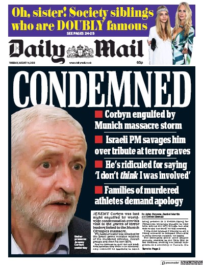 Daily Mail Newspaper Front Page (UK) for 14 August 2018