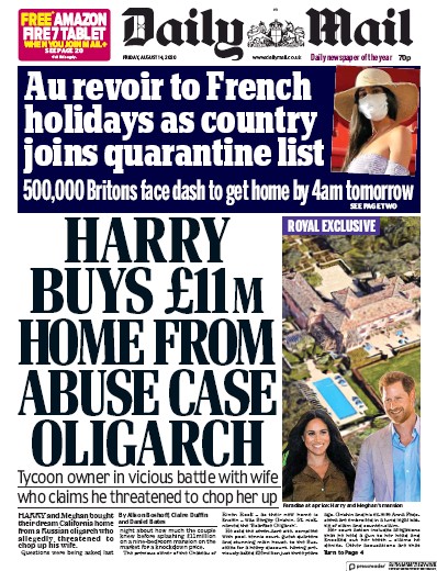 Daily Mail Newspaper Front Page (UK) for 14 August 2020