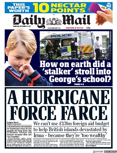 Daily Mail Newspaper Front Page (UK) for 14 September 2017