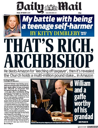 Daily Mail Newspaper Front Page (UK) for 14 September 2018