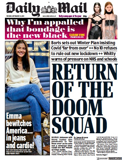 Daily Mail Newspaper Front Page (UK) for 14 September 2021
