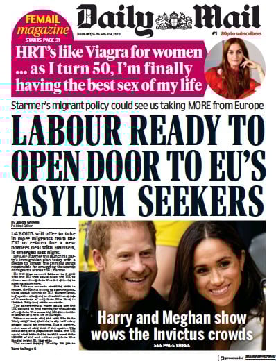 Daily Mail Newspaper Front Page (UK) for 14 September 2023
