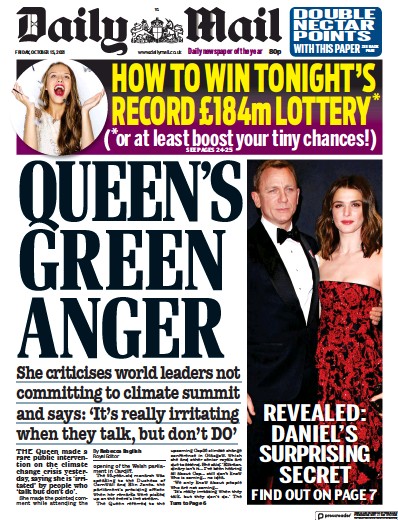 Daily Mail Newspaper Front Page (UK) for 15 October 2021